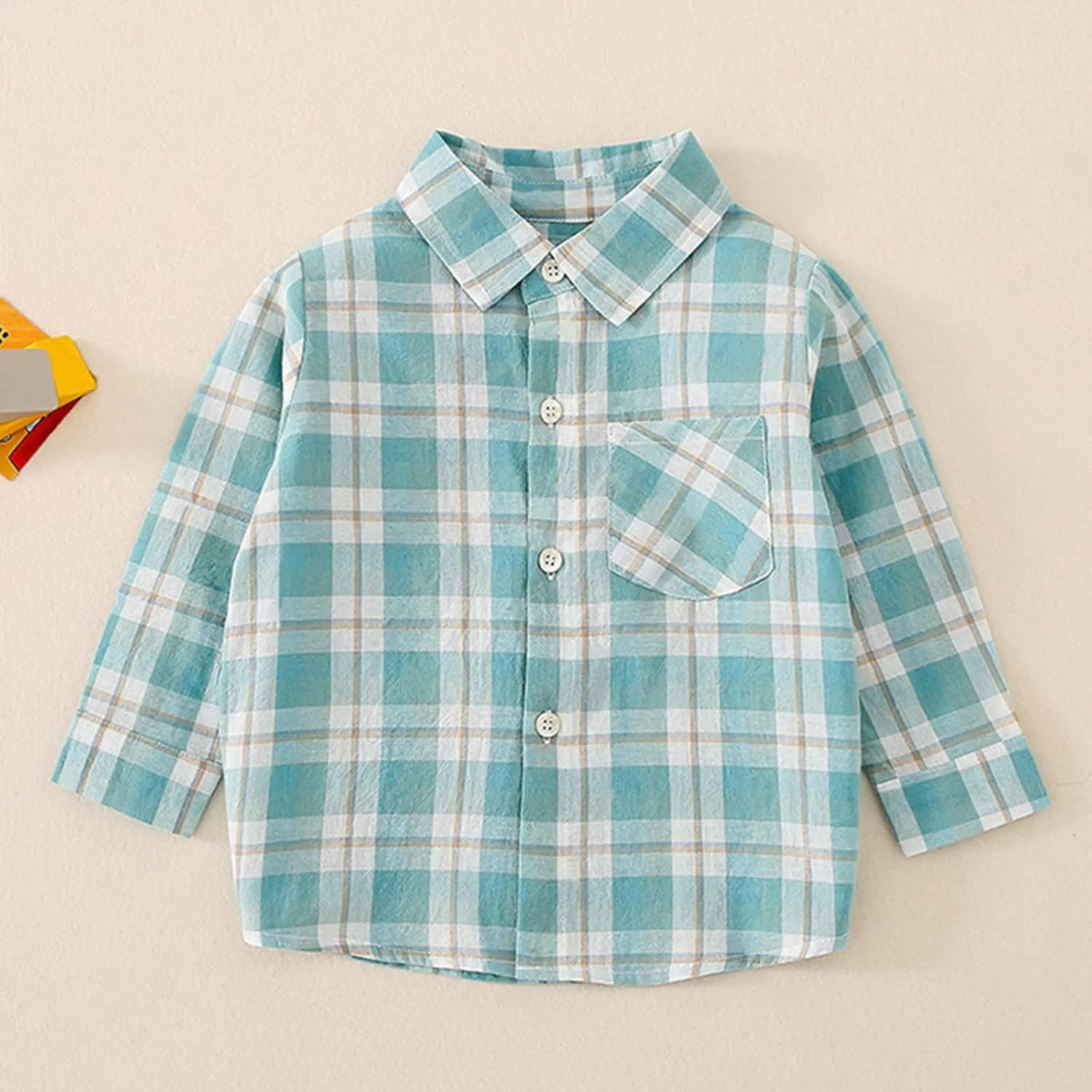Plaid Buttons Long Sleeve Shirts for Toddler Boys Kids Lapel Neck Soft Comfy Tees Tops with Pocket Casual Basic Plain