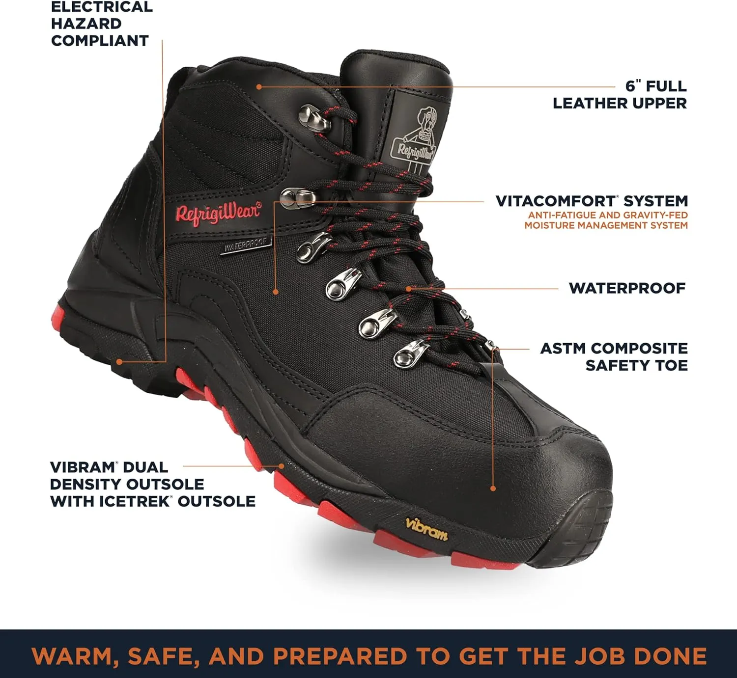 RefrigiWear Mens Black Widow Lightweight Waterproof Leather Work Boot