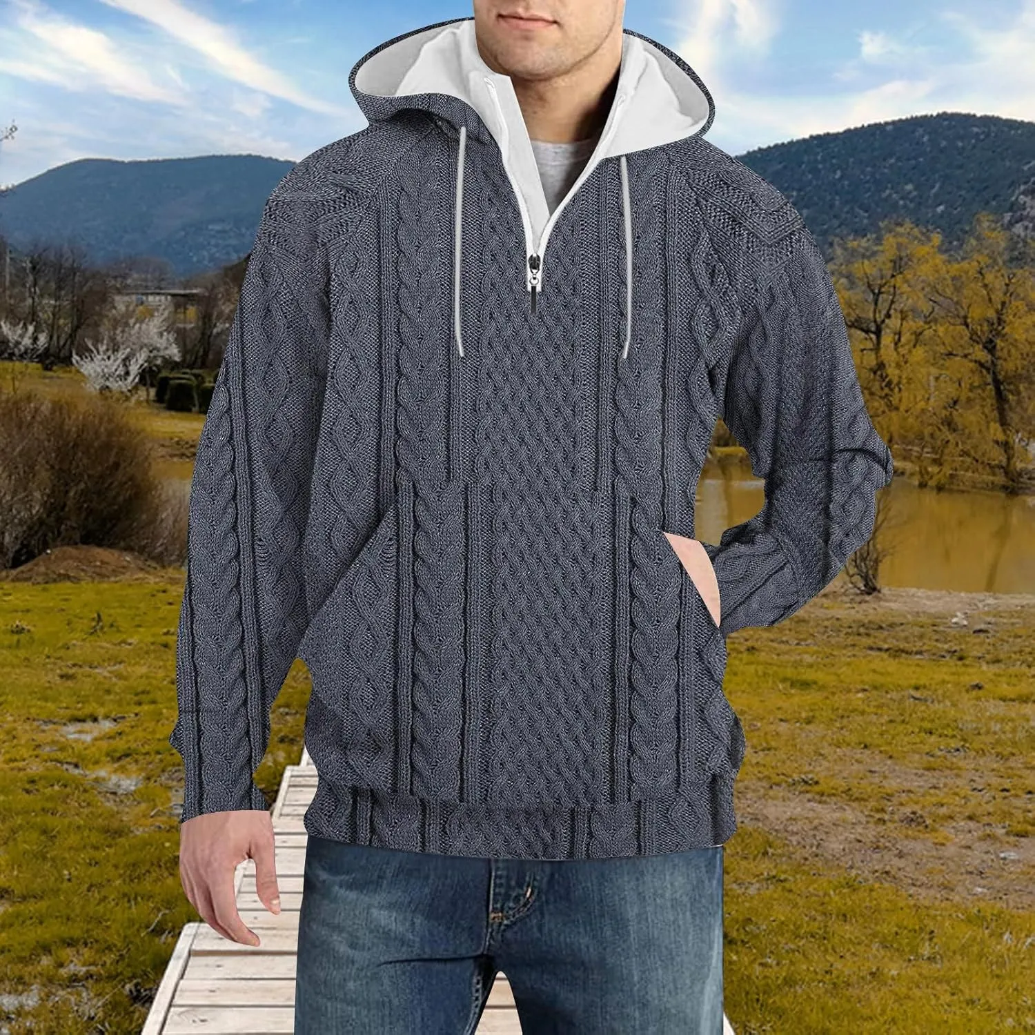 RTTUIOP Men'S Fashion Hoodies & Sweatshirts Knit Work Sweatshirt Quarter Zip Pullover Long Sleeve Sweater Hoodie With Pockets