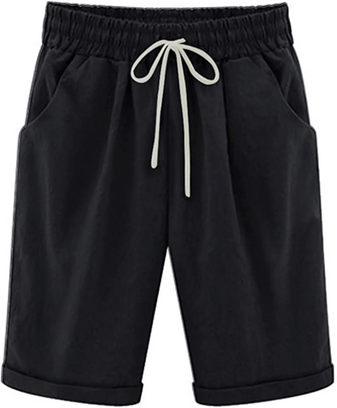 Rvidbe Womens Bermuda Shorts with Pockets High Waisted Casual Trendy Loose Cotton Shorts Elastic Waist Walking Long Shorts Bermuda Shorts for Women Knee Length Womens Bermuda Shorts Plus Size