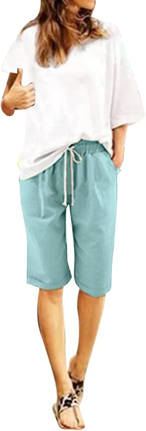sdbrld Bermuda Shorts for Women,Womens Bermuda Shorts Fashion Summer Drawstring Shorts High Waisted Cotton Athletic Shorts