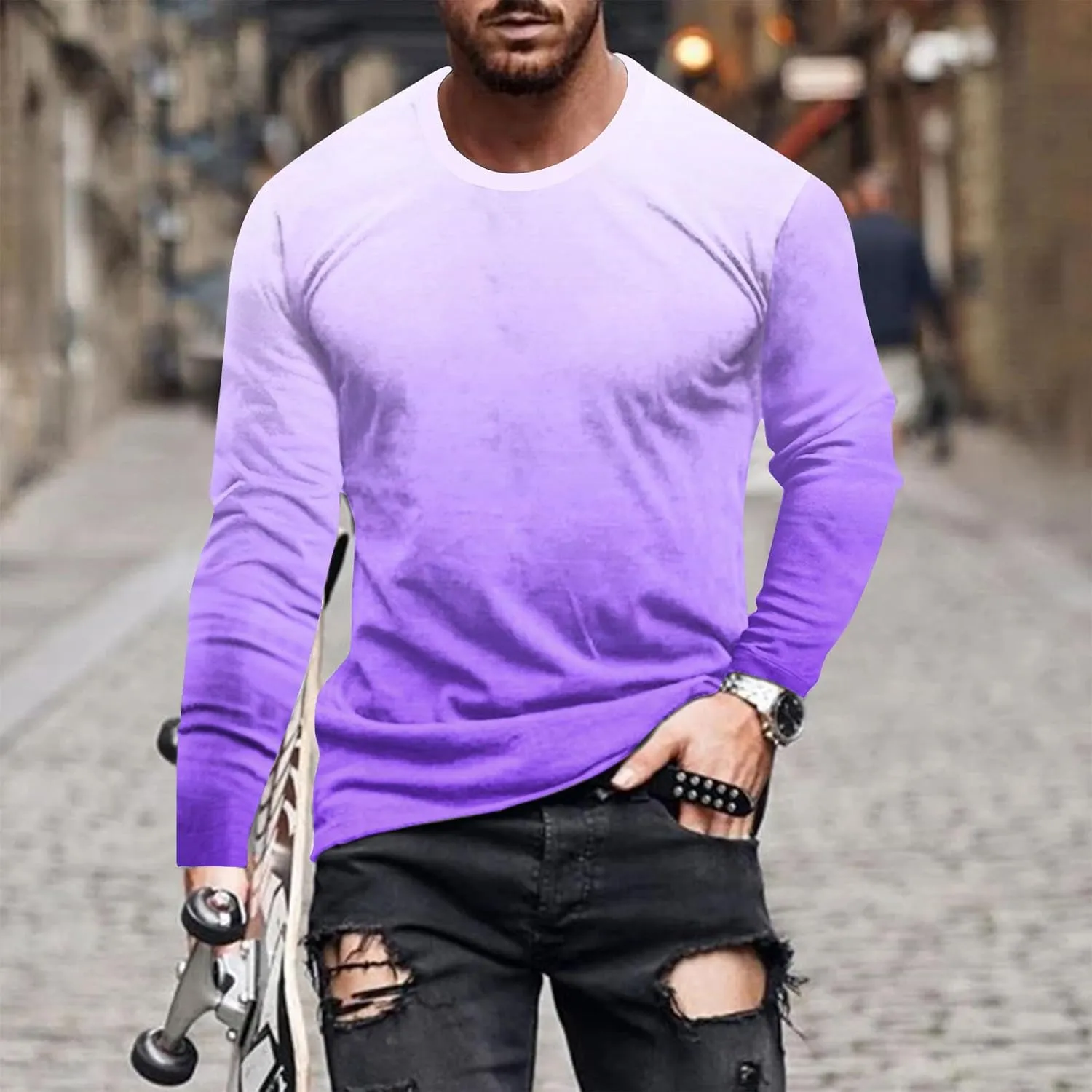 Shirts for Men Long Sleeve Casual Loose Gradient Color Print Crewneck Sweatshirt Lightweight Gym Workout Pullover Top