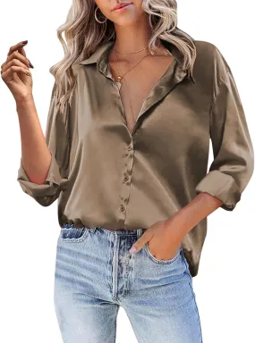 Silk Blouse for Women Satin Silk Button Down Shirt V Neck Long Sleeve Shirts Elegant Dressy Business Work Office Tops