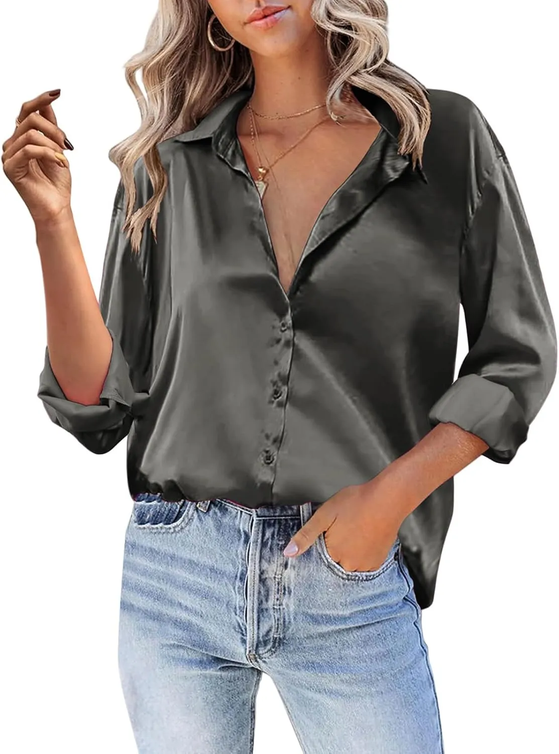Silk Blouse for Women Satin Silk Button Down Shirt V Neck Long Sleeve Shirts Elegant Dressy Business Work Office Tops