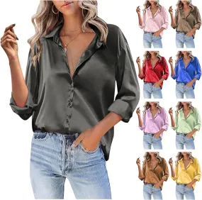 Silk Blouse for Women Satin Silk Button Down Shirt V Neck Long Sleeve Shirts Elegant Dressy Business Work Office Tops