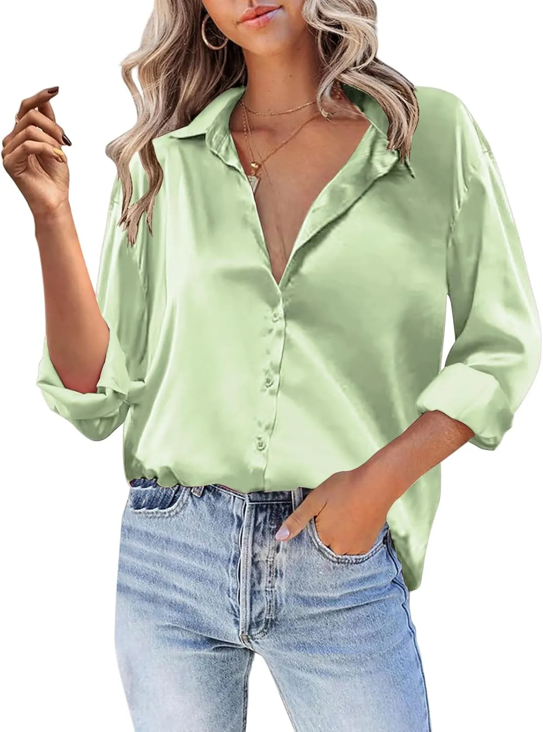 Silk Blouse for Women Satin Silk Button Down Shirt V Neck Long Sleeve Shirts Elegant Dressy Business Work Office Tops