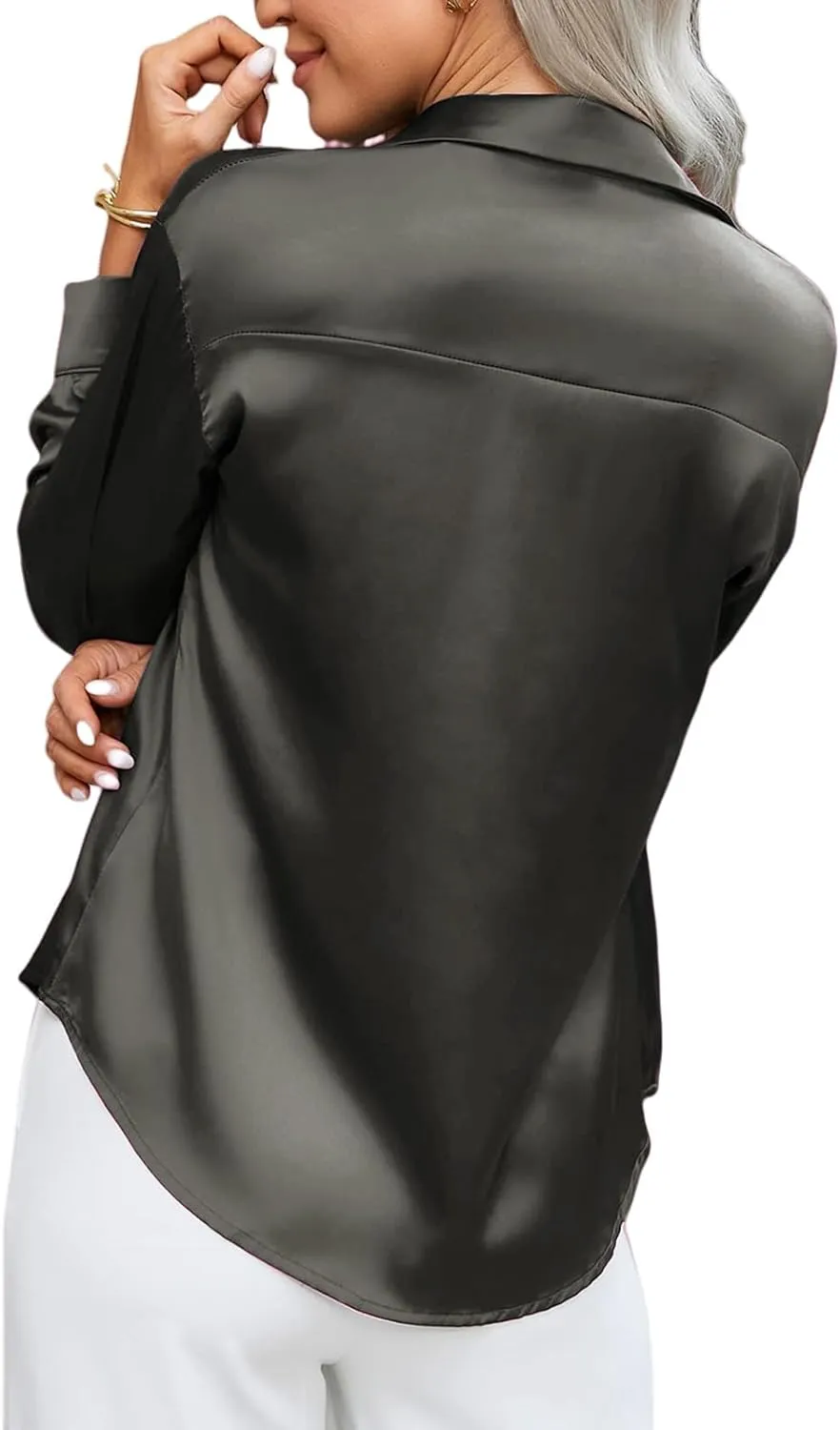 Silk Blouse for Women Satin Silk Button Down Shirt V Neck Long Sleeve Shirts Elegant Dressy Business Work Office Tops