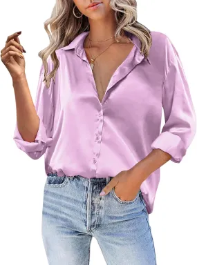 Silk Blouse for Women Satin Silk Button Down Shirt V Neck Long Sleeve Shirts Elegant Dressy Business Work Office Tops