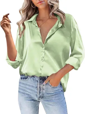 Silk Blouse for Women Satin Silk Button Down Shirt V Neck Long Sleeve Shirts Elegant Dressy Business Work Office Tops