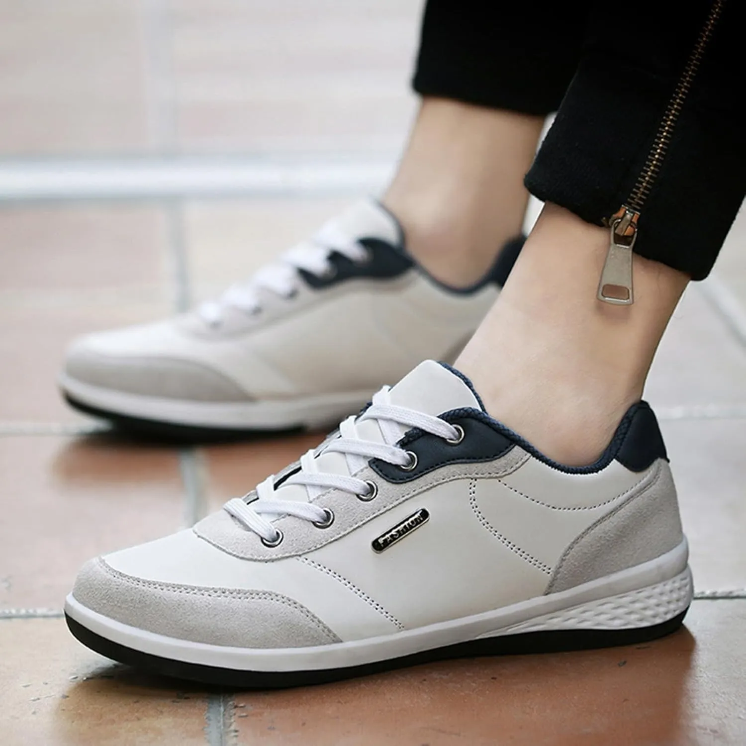 Slip on Walking Shoes Men Comfy PU Leather Memory Foam Breathable Fashion Sneakers Lace Up Non Slip Arch Support Cushioning Workout Tennis Shoes Wide Width