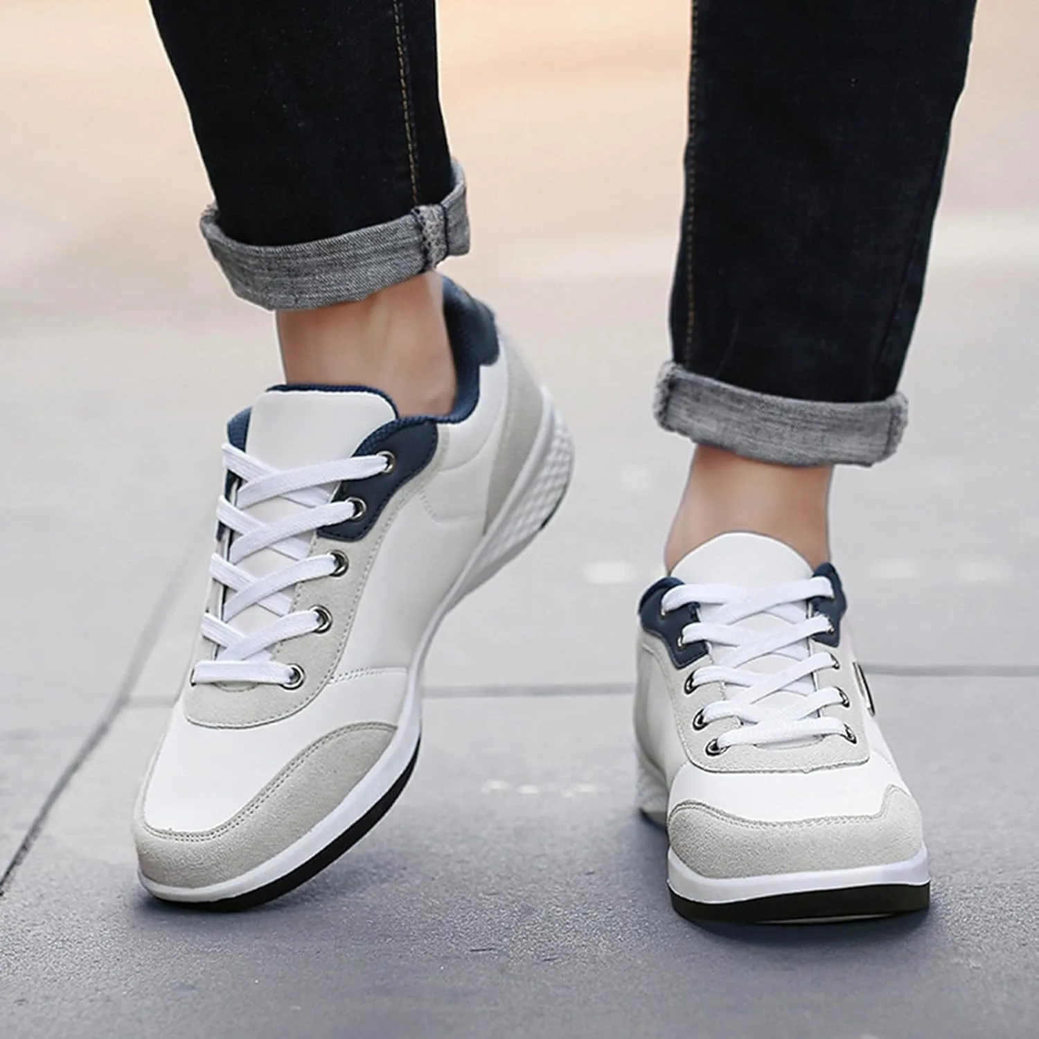 Slip on Walking Shoes Men Comfy PU Leather Memory Foam Breathable Fashion Sneakers Lace Up Non Slip Arch Support Cushioning Workout Tennis Shoes Wide Width