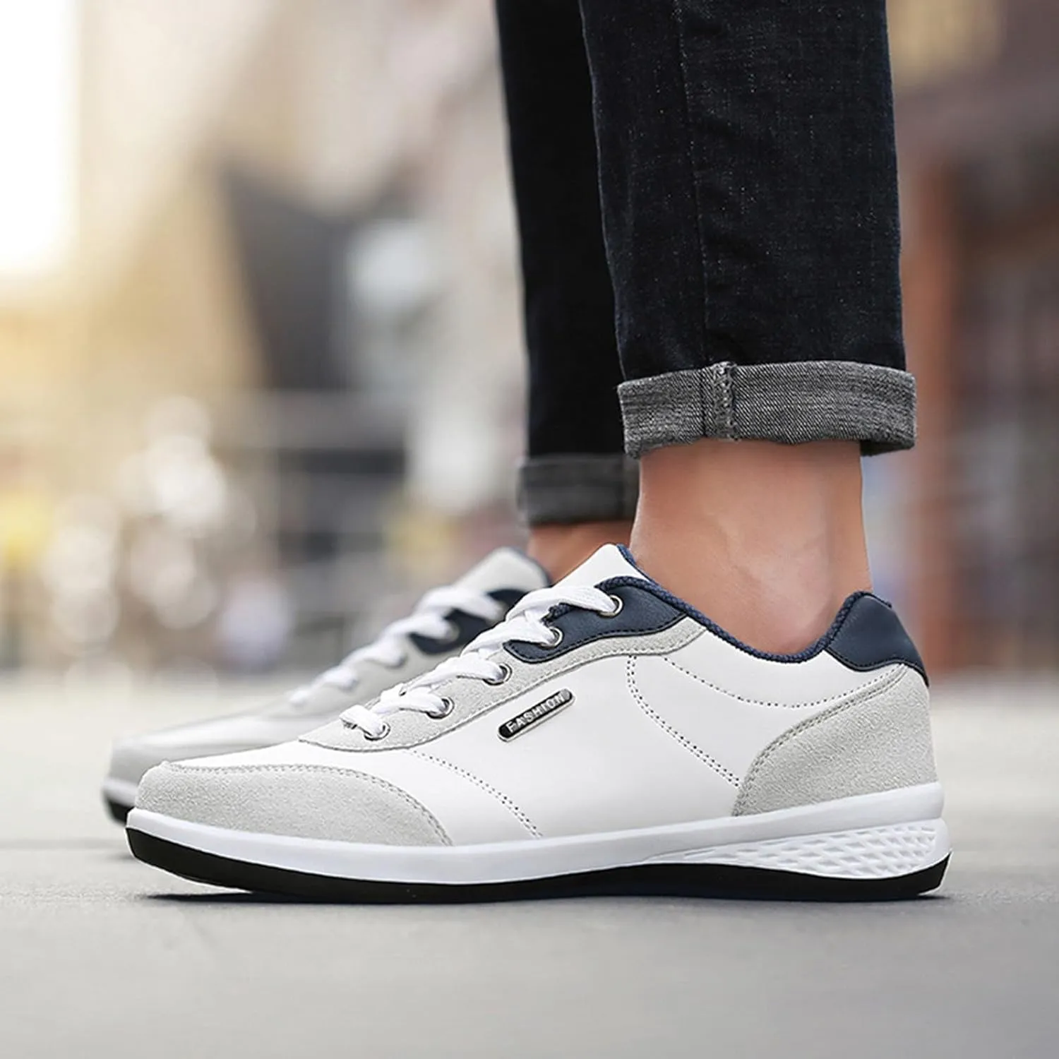 Slip on Walking Shoes Men Comfy PU Leather Memory Foam Breathable Fashion Sneakers Lace Up Non Slip Arch Support Cushioning Workout Tennis Shoes Wide Width