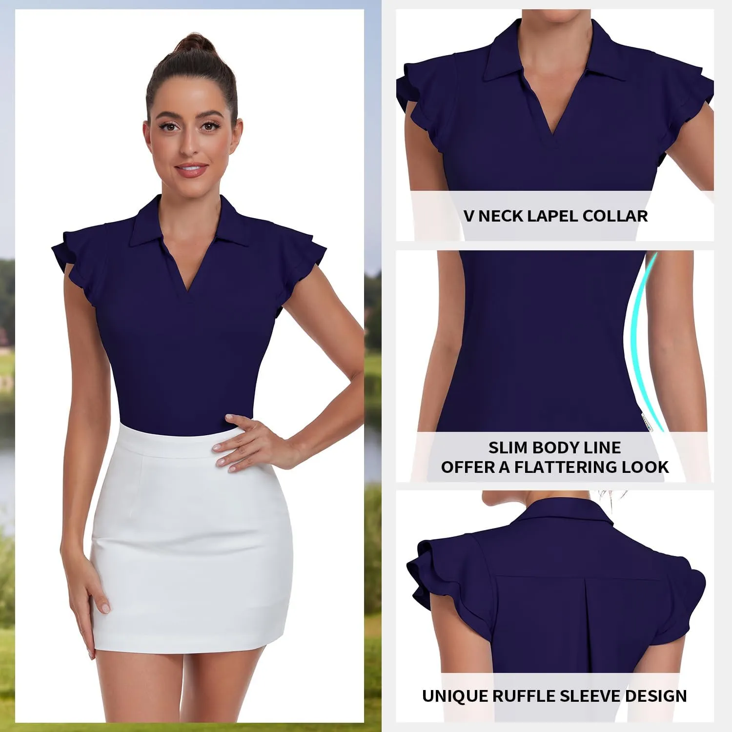 Soneven Womens Golf Shirts Ruffle Short Sleeve Polo Shirts Floral Moisture Wicking Tennis Shirts Golf Tops