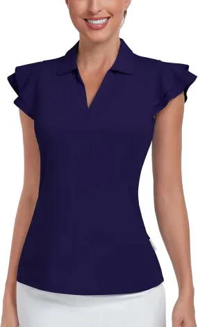 Soneven Womens Golf Shirts Ruffle Short Sleeve Polo Shirts Floral Moisture Wicking Tennis Shirts Golf Tops