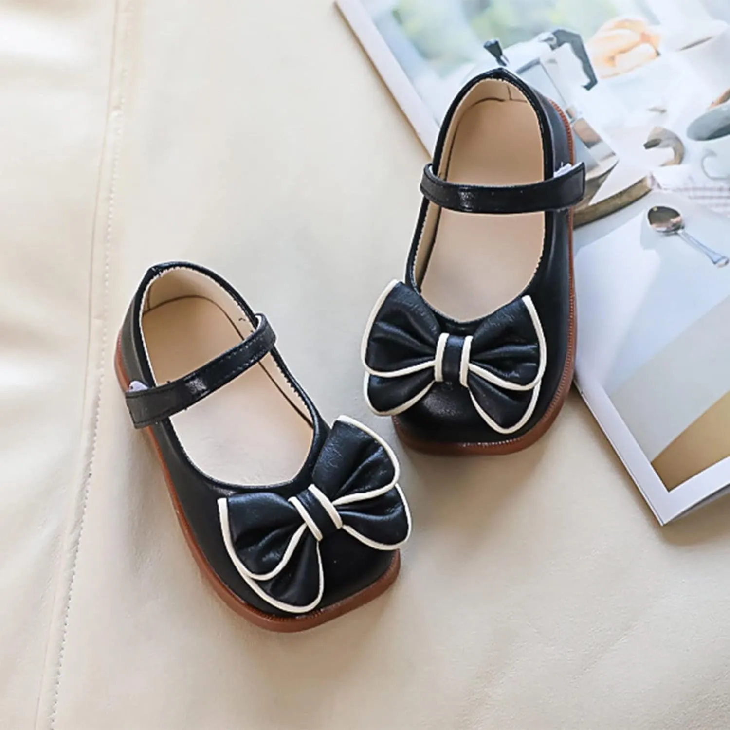 Spring and Summer Girls Casual Shoes Bow Hook Loop Solid Color Comfortable Single Shoes Toddler Girls Running Shoes