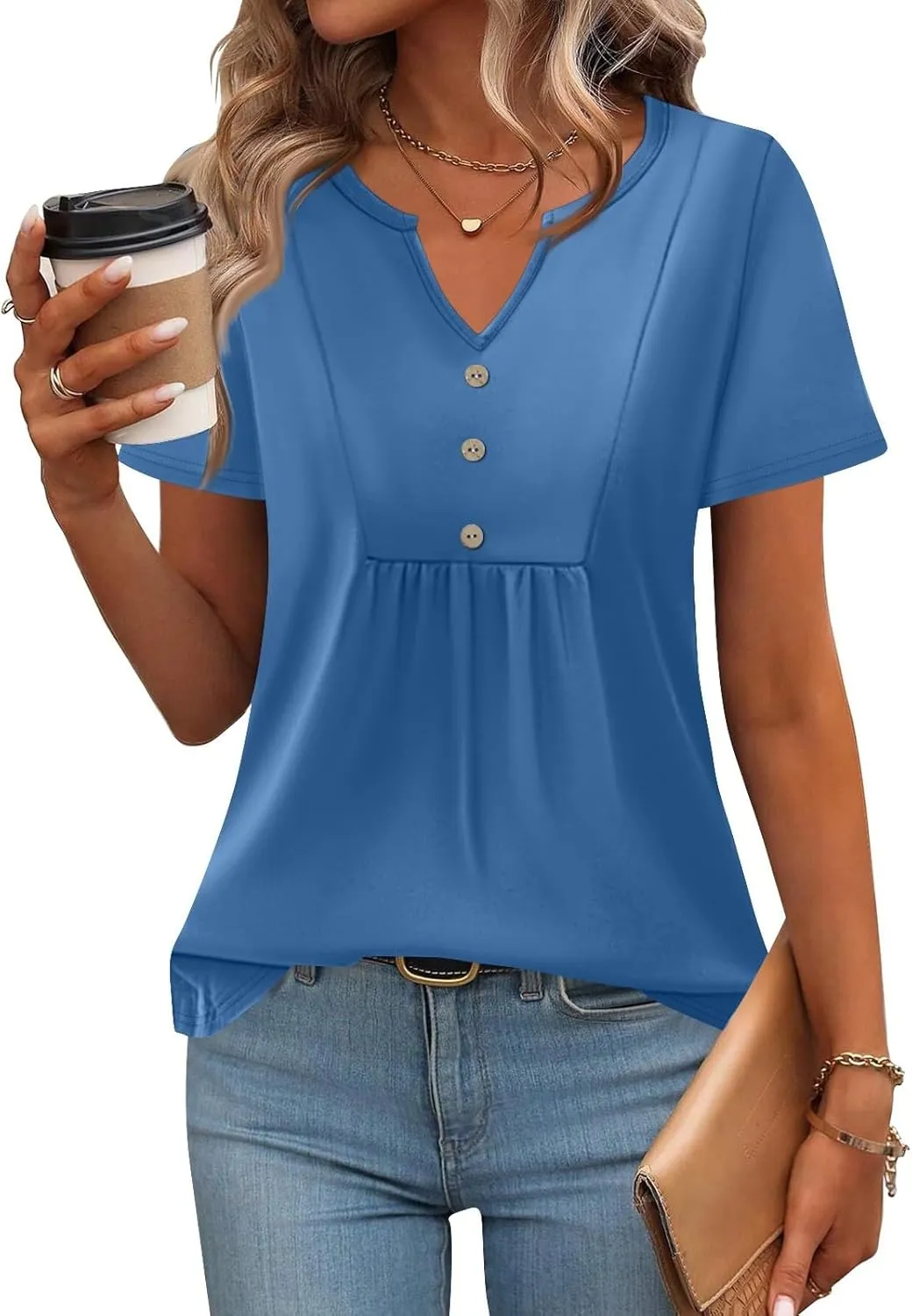 Summer 2025 Short Sleeve Shirts Business Casual Tops for Women Henley Plus Size Buttons V Neck Casual Workout Blouses