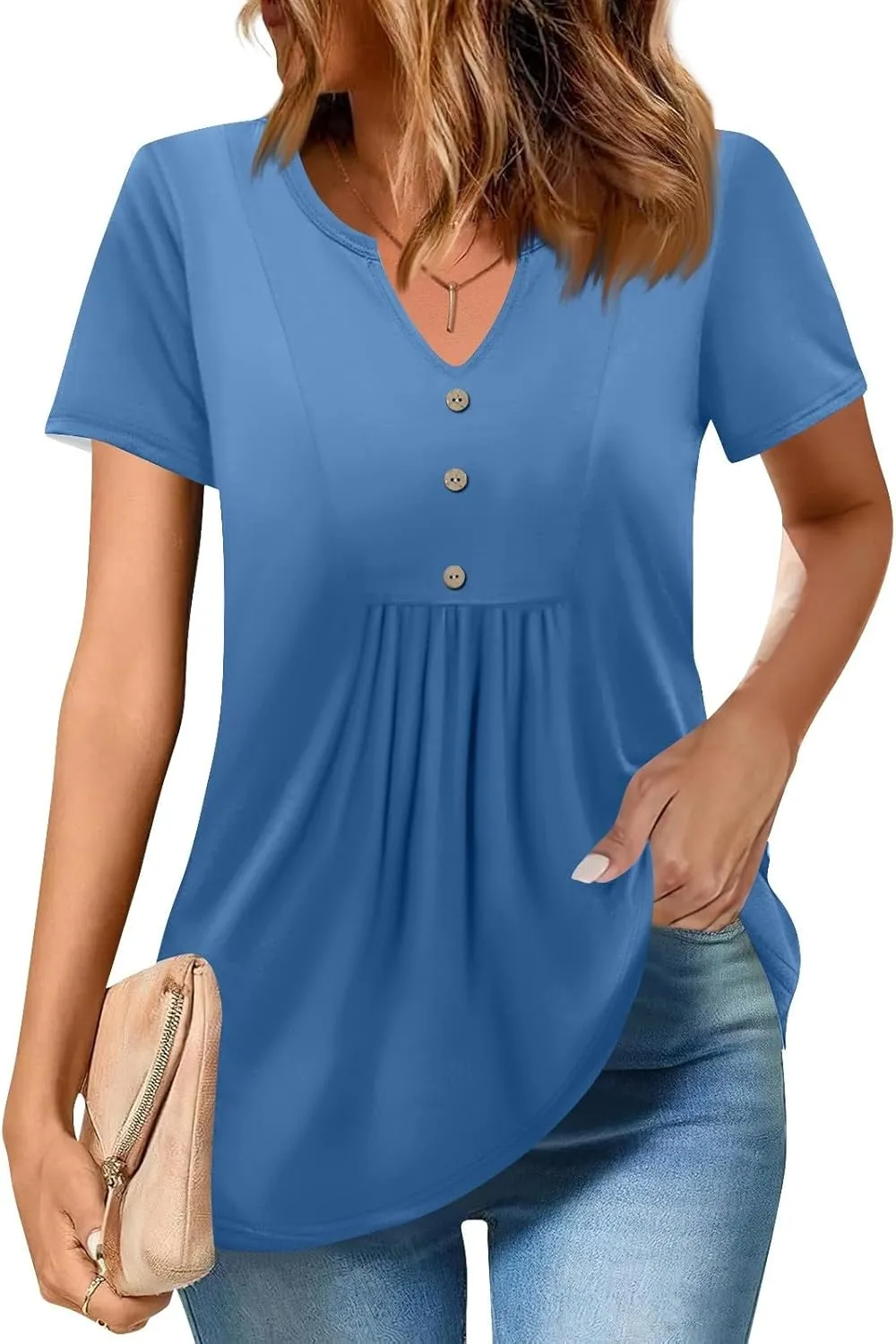 Summer 2025 Short Sleeve Shirts Business Casual Tops for Women Henley Plus Size Buttons V Neck Casual Workout Blouses