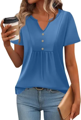 Summer 2025 Short Sleeve Shirts Business Casual Tops for Women Henley Plus Size Buttons V Neck Casual Workout Blouses