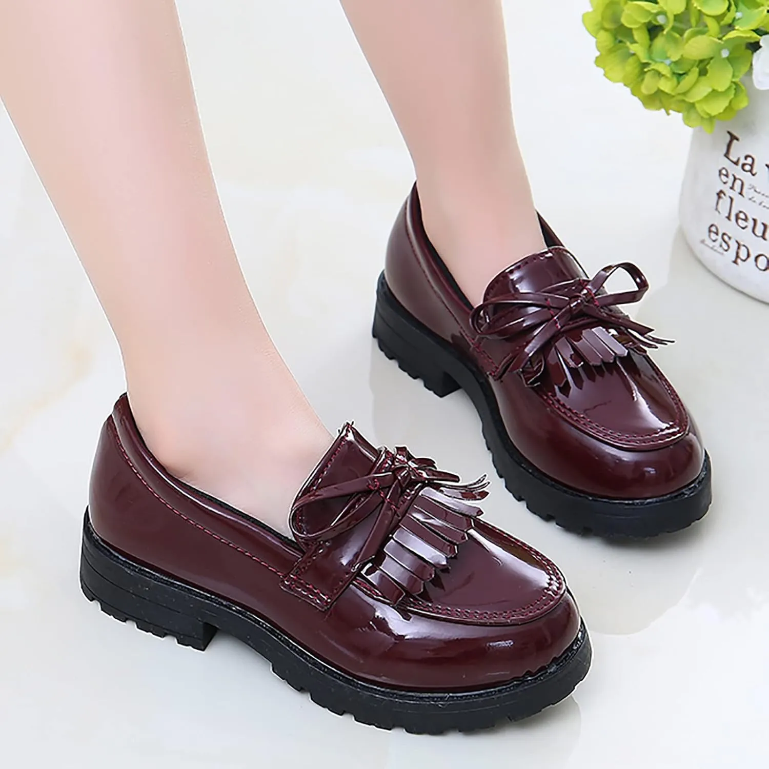 Summer Big Girls Loafer Slip On Leather Tassel Bow School Dress Shoes atent-Leather Reflective Flat Loafers