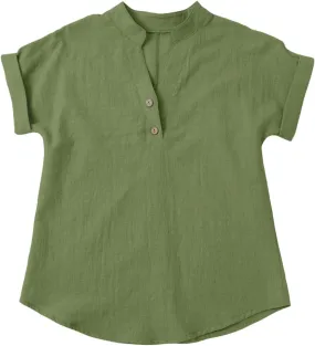 Summer Linen Shirts for Girls Tunic Blouses V Neck Buttons Kids Short Sleeve Tops Trendy Lightweight Plain Loose