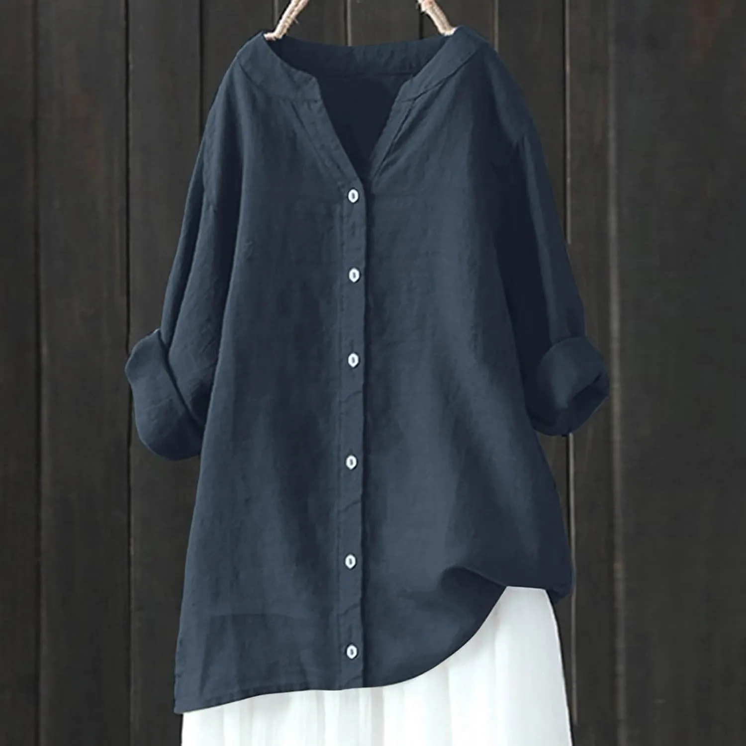 Summer Linen Shirts for Women Loose Fit Plus Size Tops Button Down Long Sleeve Tshirt Beach Dressy Casual Blouses