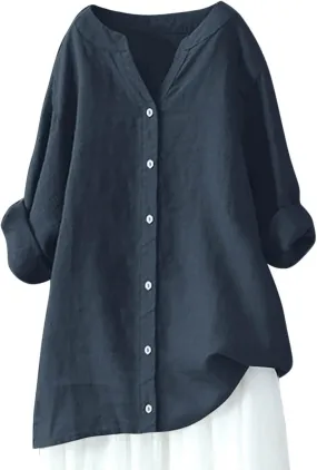 Summer Linen Shirts for Women Loose Fit Plus Size Tops Button Down Long Sleeve Tshirt Beach Dressy Casual Blouses