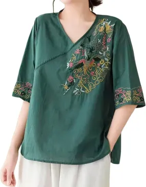 Summer Linen V Neck Embroidered Short Sleeve T Shirt for Women Casual Slim Fit Top Versatile Womens Solid T