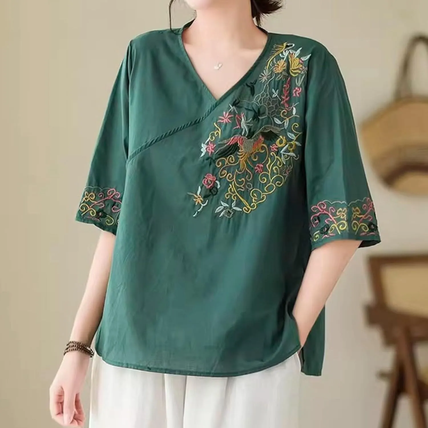 Summer Linen V Neck Embroidered Short Sleeve T Shirt for Women Casual Slim Fit Top Versatile Womens Solid T