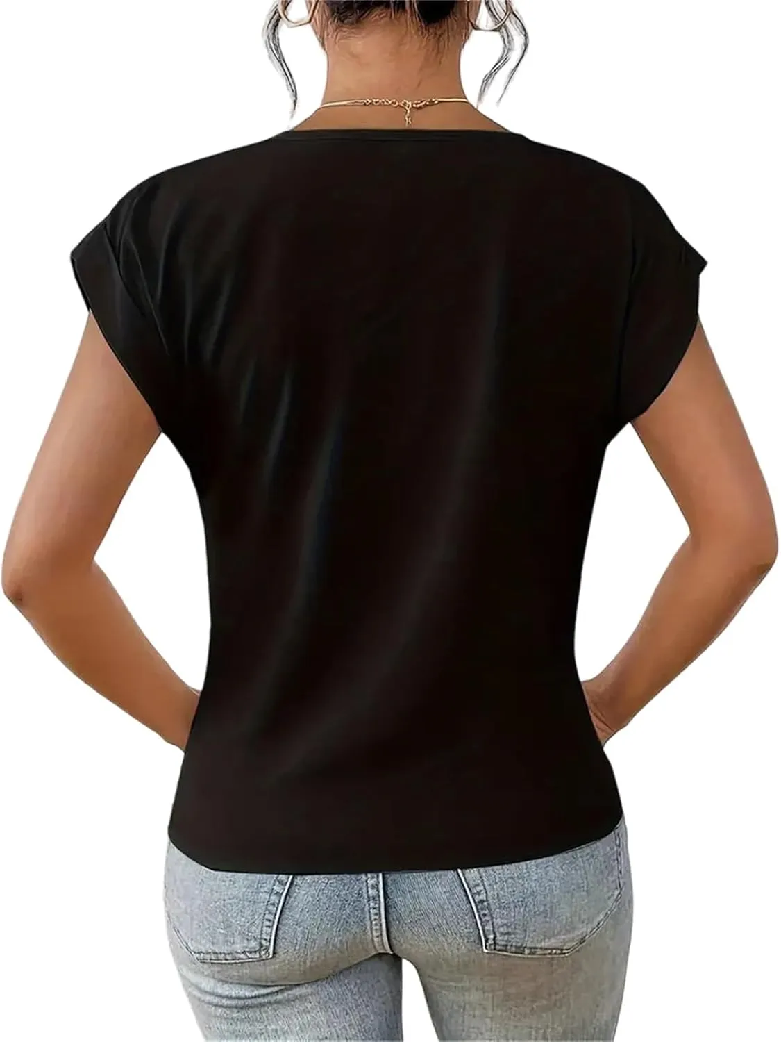 Summer T Shirts for Women Pleated Short Sleeve V-Neck Shirts Dressy Work Blouse Loose Casual Tee Tops Basic T-Shirt