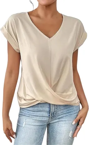 Summer T Shirts for Women Pleated Short Sleeve V-Neck Shirts Dressy Work Blouse Loose Casual Tee Tops Basic T-Shirt