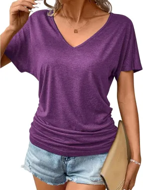 Summer T Shirts for Women Pleated Short Sleeve V-Neck Shirts Dressy Work Blouse Loose Casual Tee Tops Basic T-Shirt