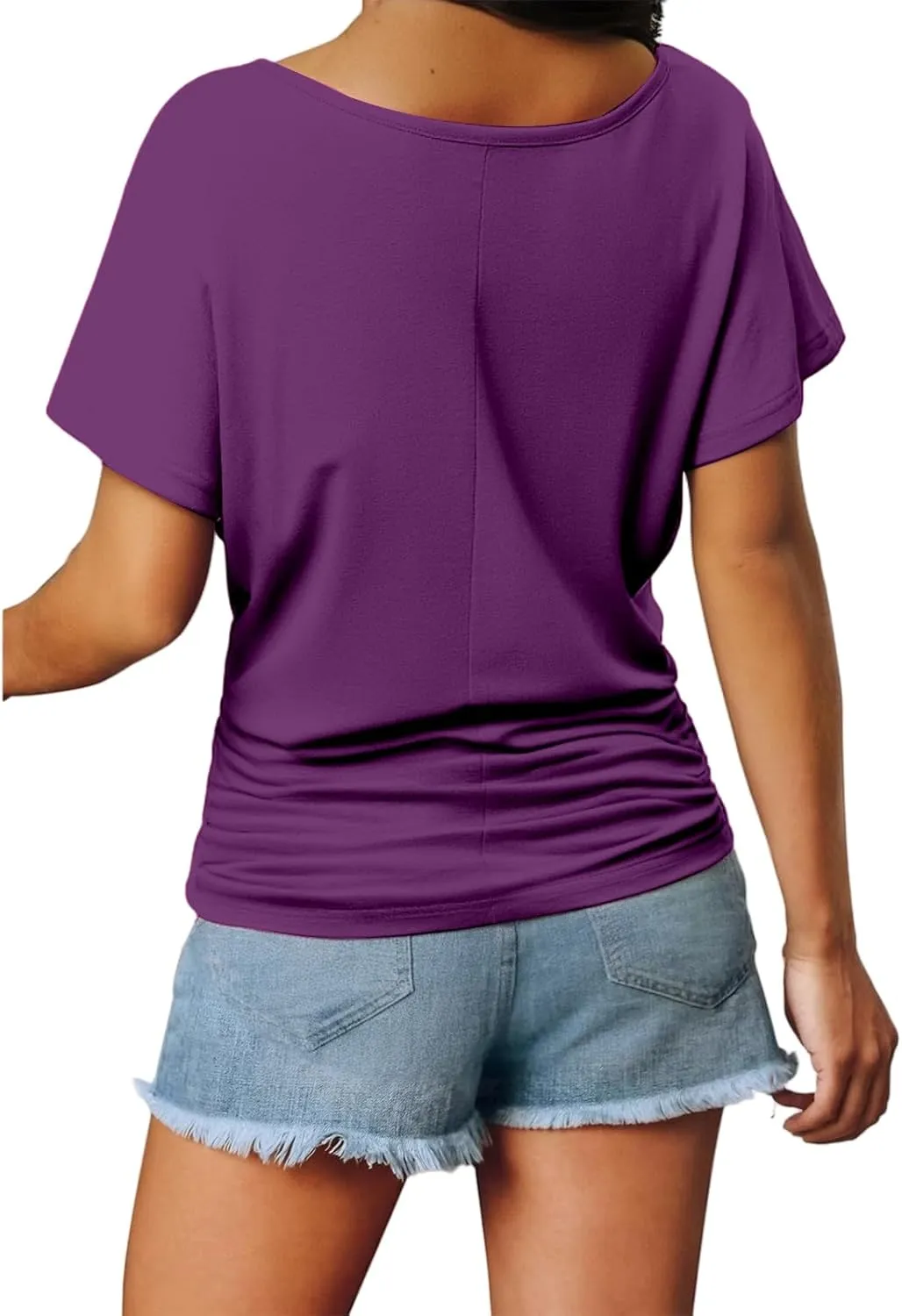Summer T Shirts for Women Pleated Short Sleeve V-Neck Shirts Dressy Work Blouse Loose Casual Tee Tops Basic T-Shirt