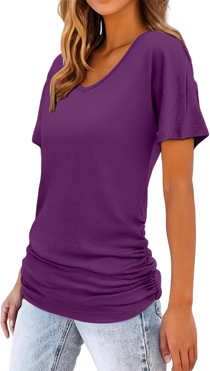 Summer T Shirts for Women Pleated Short Sleeve V-Neck Shirts Dressy Work Blouse Loose Casual Tee Tops Basic T-Shirt