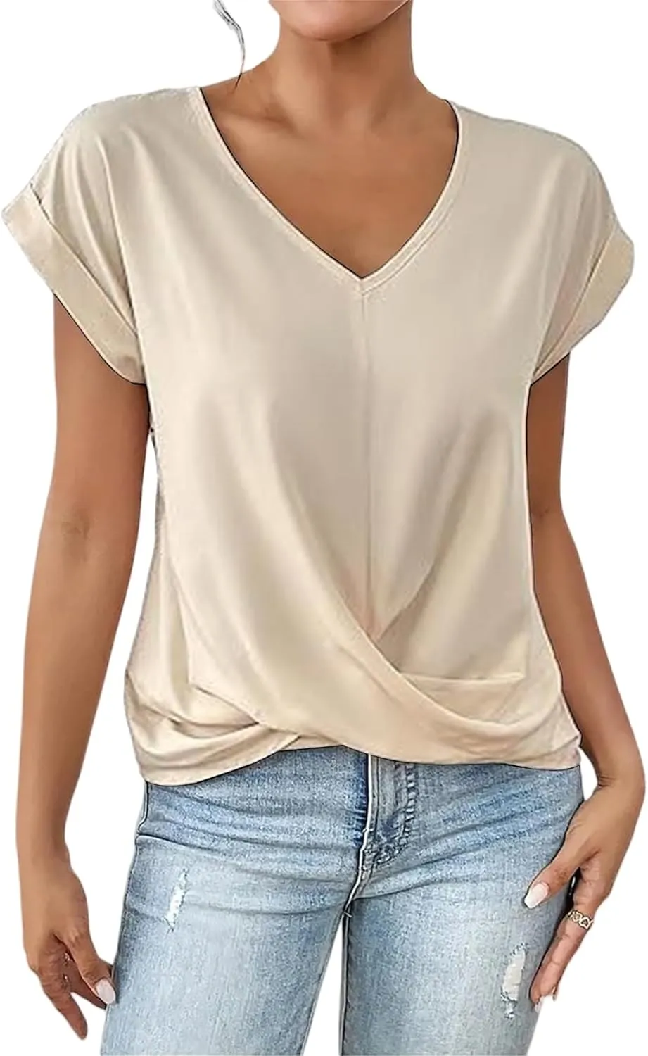 Summer T Shirts for Women Pleated Short Sleeve V-Neck Shirts Dressy Work Blouse Loose Casual Tee Tops Basic T-Shirt