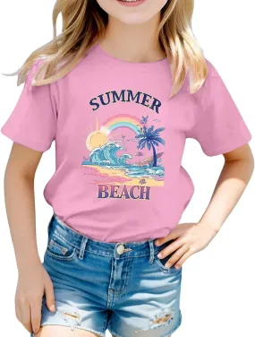 Summer Tees for Boys Girls Kids Short Sleeve Crew Neck Tee Tops Coconut Tree Print T Shirt for Girls Size 1-13 Years