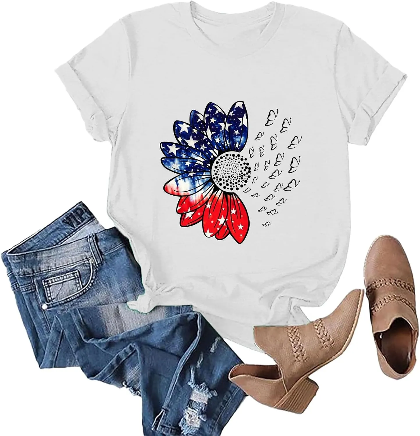 Sunflower Butterfly Shirts for Women Womens Independence Day 4Th of July Tees Summer Shirts for Women 2025 Vacation