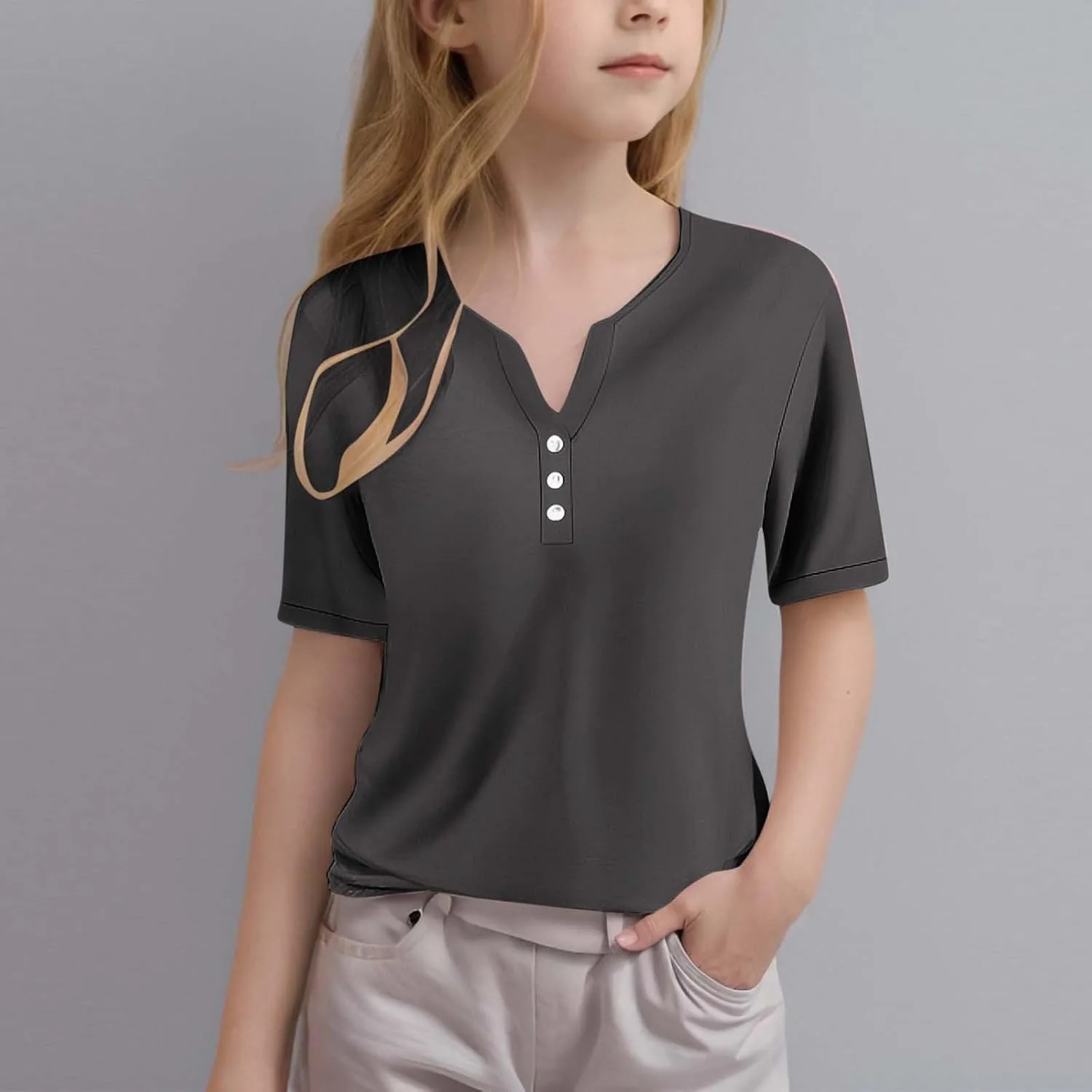 T Shirts for Girls V Neck Button Down Henley Shirts Short Sleeve Comfy Tee Blouse Dressy Casual Trendy Tunic Tops