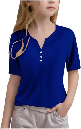 T Shirts for Girls V Neck Button Down Henley Shirts Short Sleeve Comfy Tee Blouse Dressy Casual Trendy Tunic Tops
