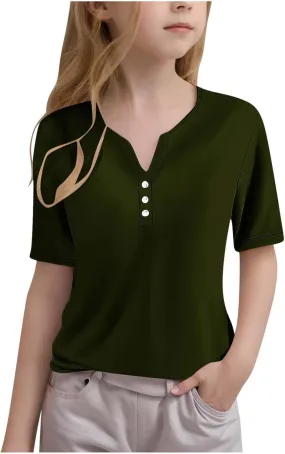 T Shirts for Girls V Neck Button Down Henley Shirts Short Sleeve Comfy Tee Blouse Dressy Casual Trendy Tunic Tops