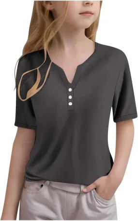 T Shirts for Girls V Neck Button Down Henley Shirts Short Sleeve Comfy Tee Blouse Dressy Casual Trendy Tunic Tops
