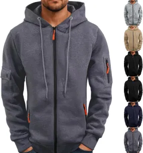 Tactical Zip Up Jacket Men Drawstring Hooded Jacket with Pockets Trendy Casual Long Sleeve Fleece Hoodies