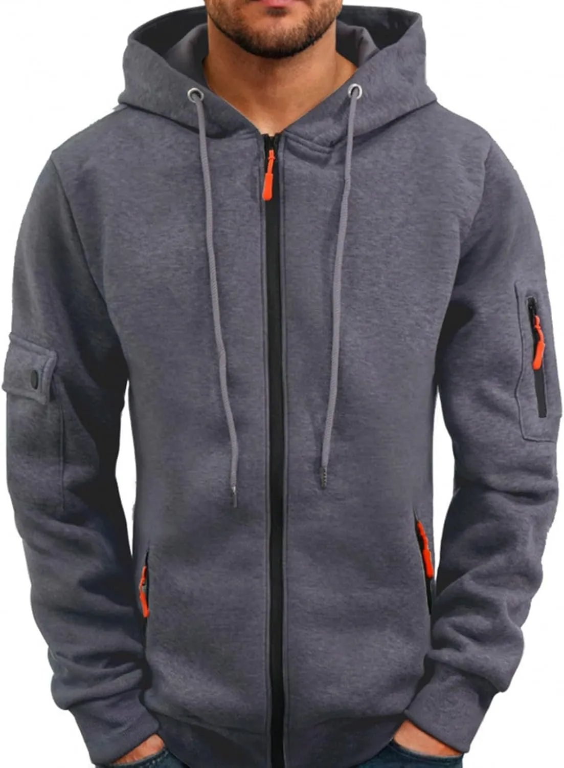 Tactical Zip Up Jacket Men Drawstring Hooded Jacket with Pockets Trendy Casual Long Sleeve Fleece Hoodies