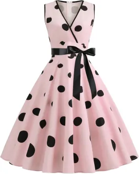 Tea Length Dresses for Women Formal Polka Dot Womens Dresses 50s Floral Style Dresses Round Neck Rockabilly Dresses