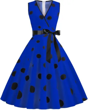 Tea Length Dresses for Women Formal Polka Dot Womens Dresses 50s Floral Style Dresses Round Neck Rockabilly Dresses
