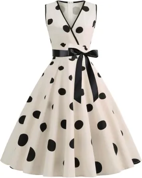 Tea Length Dresses for Women Formal Polka Dot Womens Dresses 50s Floral Style Dresses Round Neck Rockabilly Dresses