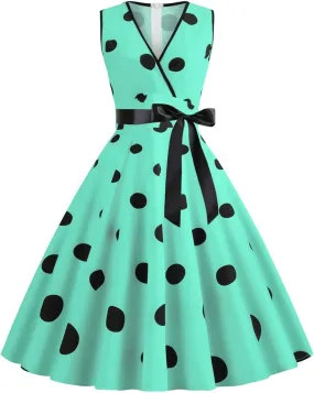 Tea Length Dresses for Women Formal Polka Dot Womens Dresses 50s Floral Style Dresses Round Neck Rockabilly Dresses