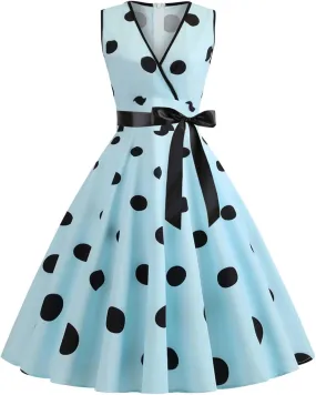 Tea Length Dresses for Women Formal Polka Dot Womens Dresses 50s Floral Style Dresses Round Neck Rockabilly Dresses