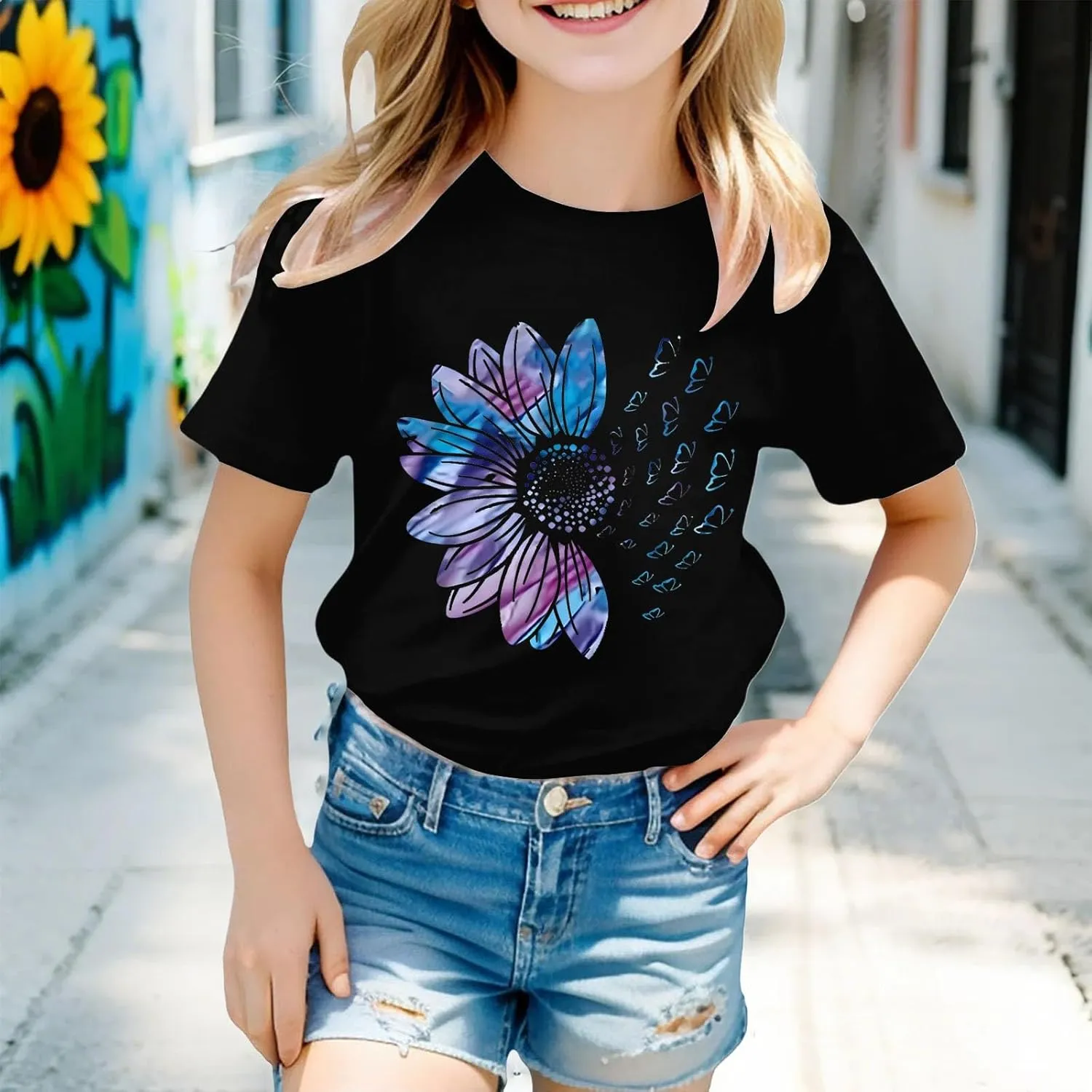 Teen Girls Cute Sunflower Wildflower Graphic Tee Top Summer Crewneck Short Sleeve Pattern Loose T Shirt Toddler Kids