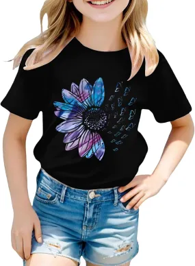 Teen Girls Cute Sunflower Wildflower Graphic Tee Top Summer Crewneck Short Sleeve Pattern Loose T Shirt Toddler Kids