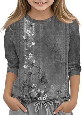 Teen Girls Floral 3/4 Length Sleeve Top Summer Crewneck Casual Athletic Blouse for Kids Soft Comfy Workout Undershirt